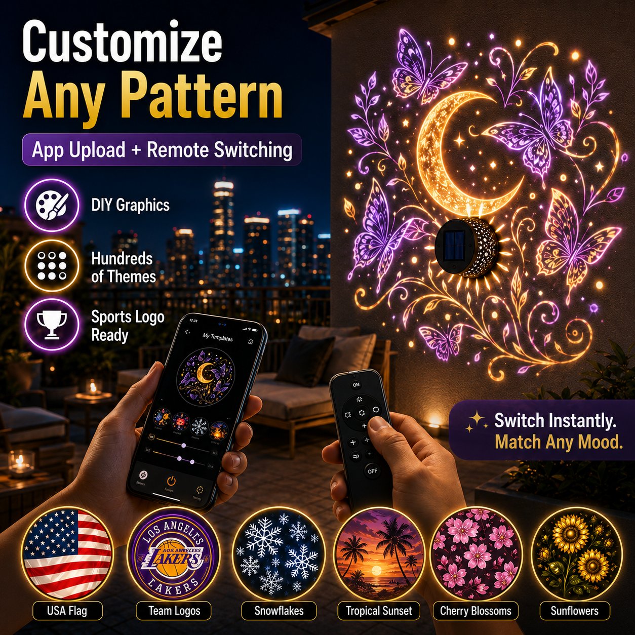 ✨Smart App-Controlled Solar Wall Projection Light (Custom DIY Patterns & Team Logos Edition)