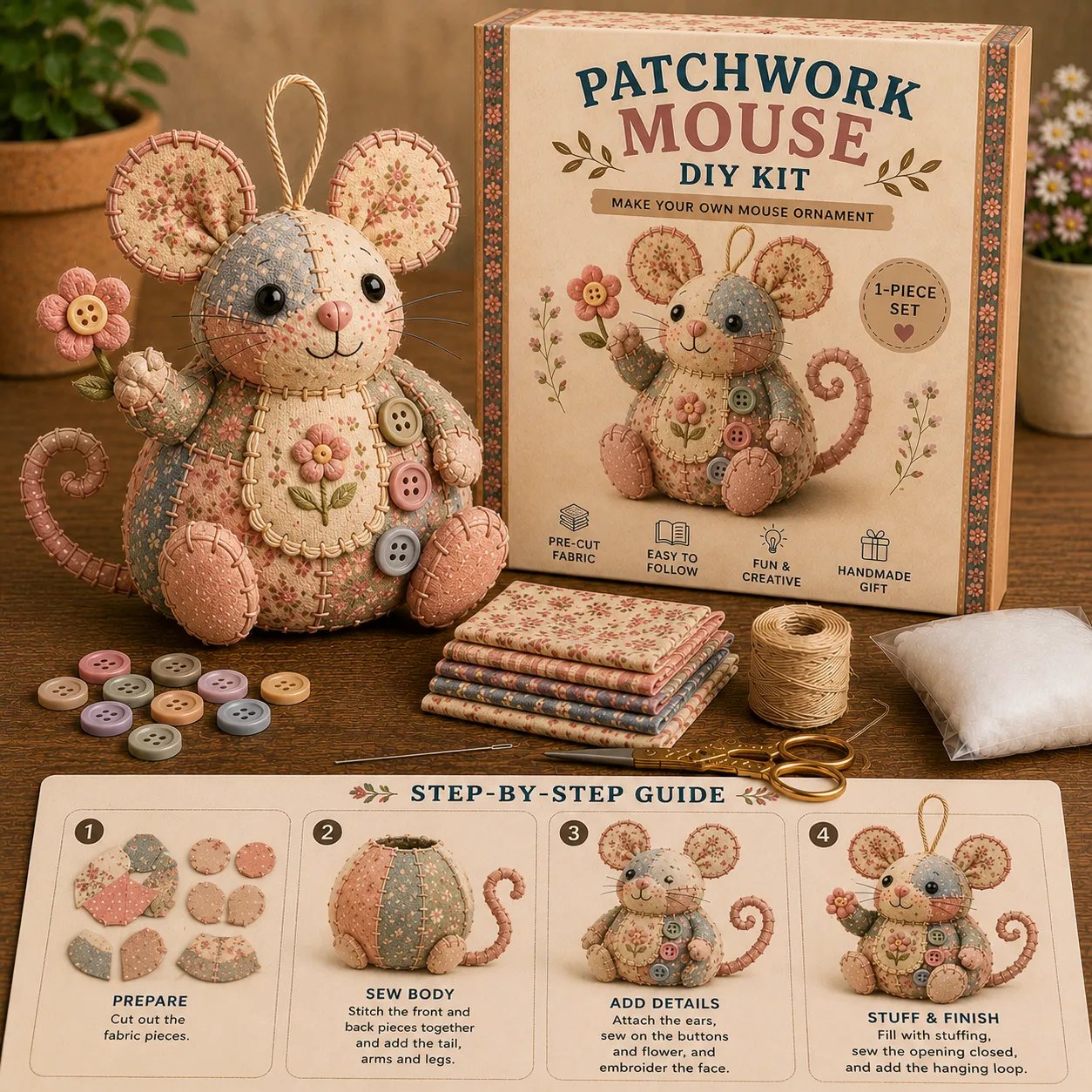 ❤️Beginner-Friendly🐭Patchwork Mouse DIY Kit🧵Sew Your Own Cute Fabric Friend